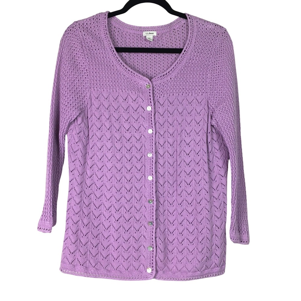 L.L. Bean Pointelle Knit Linen Cotton Blend Cardigan Sweater Lilac Purple